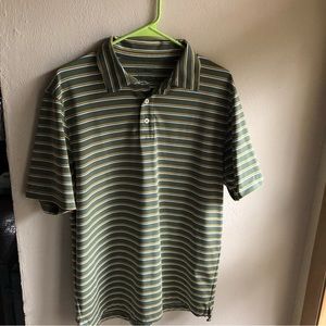L.L. Bean Slightly Fitted Golf Shirt. Avocado Green/Gold/White Stripes. Medium